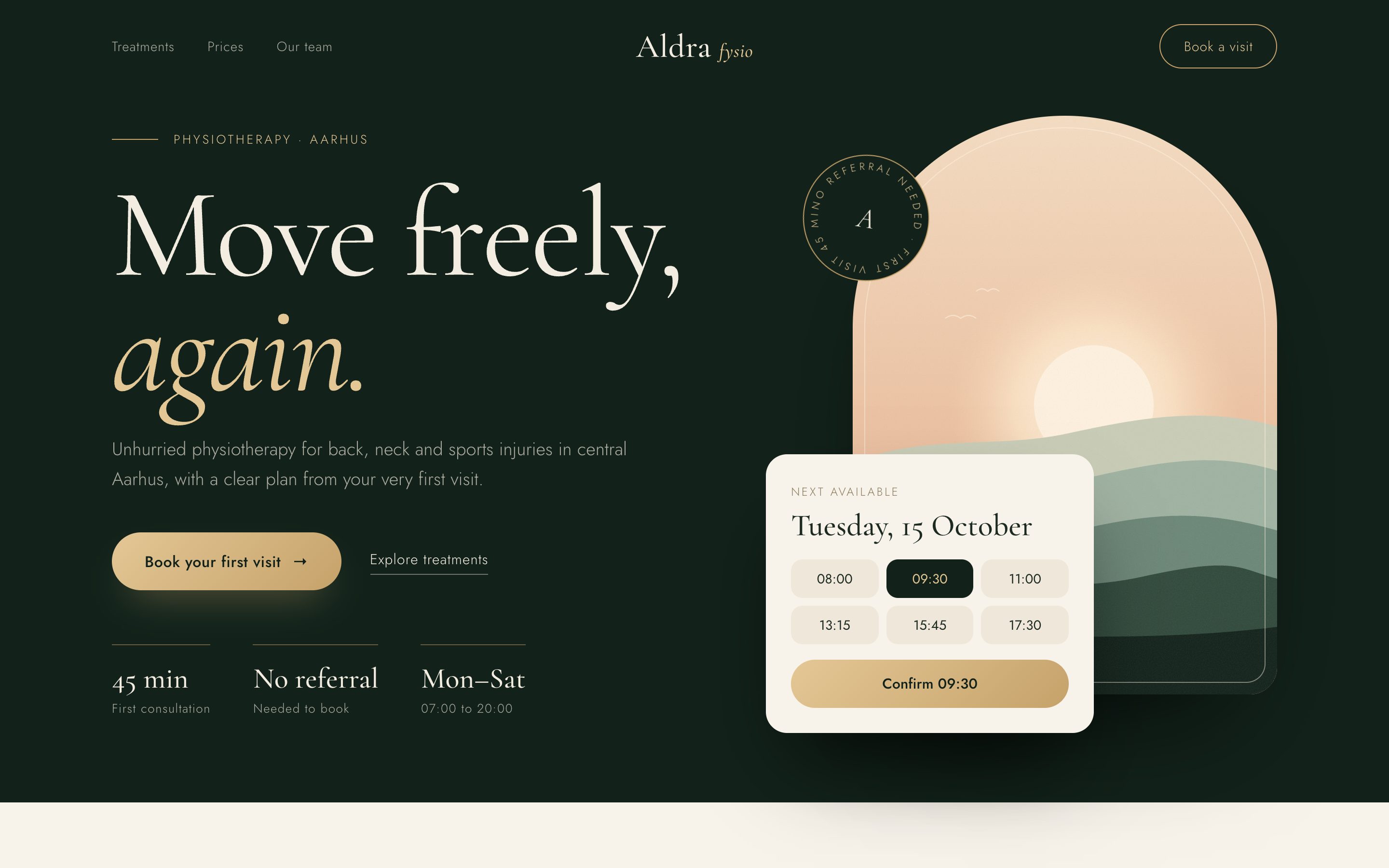 Aldra Fysio concept website on desktop