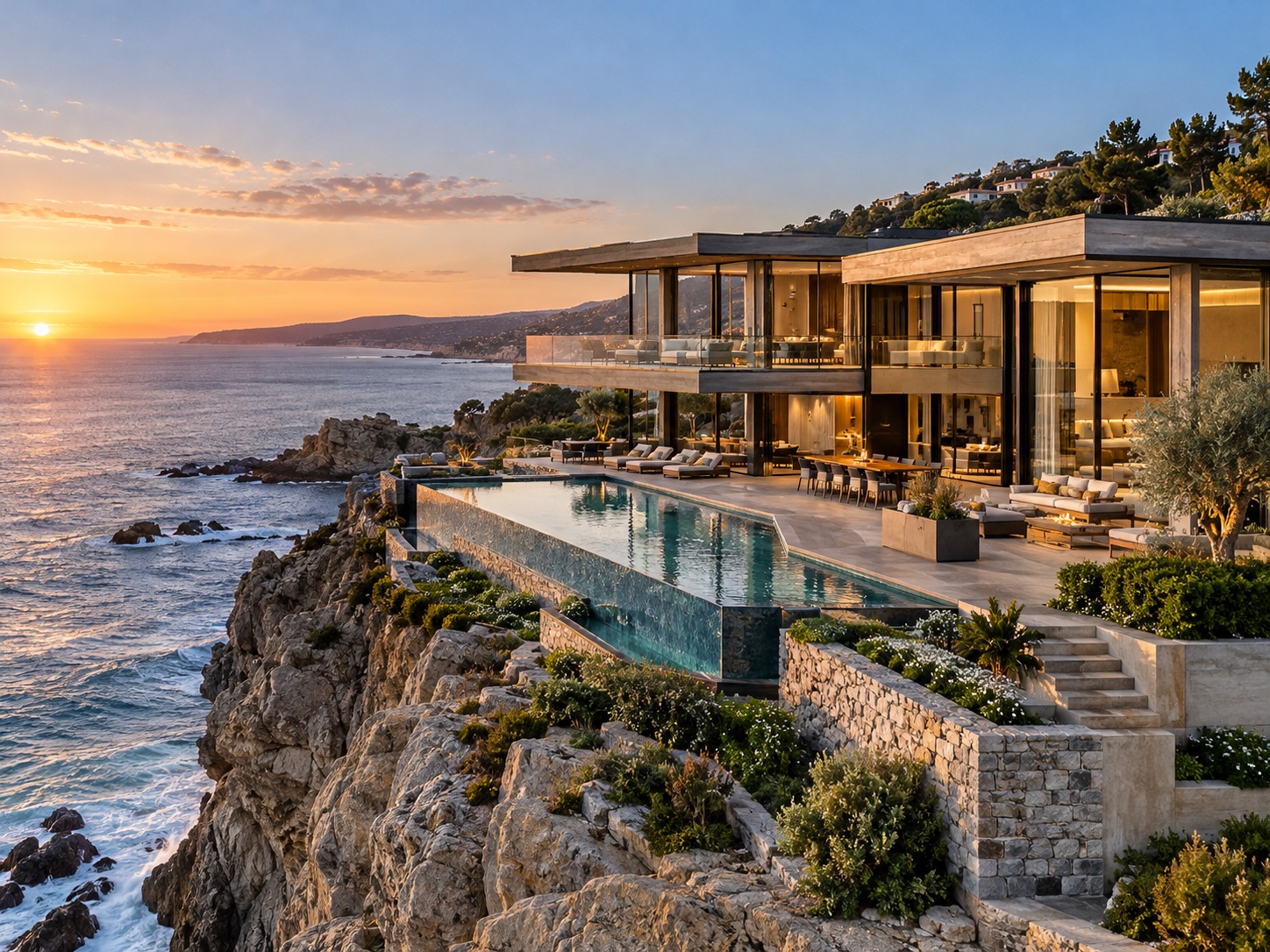 Contemporary coastal house with an infinity pool overlooking the sea at sunset